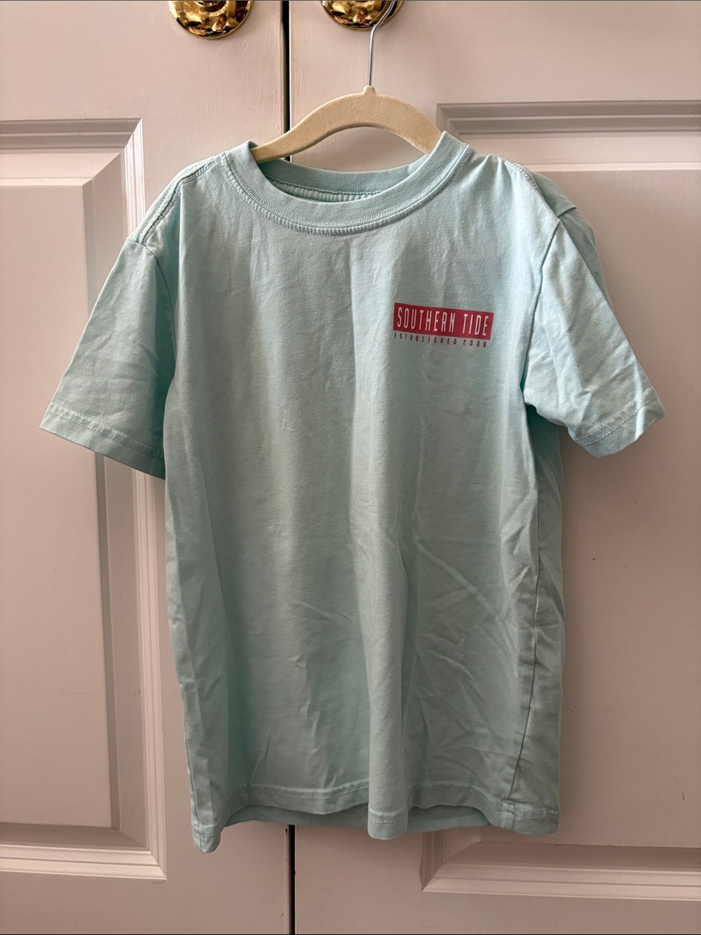 Southern Tide Kids Short-Sleeve Tee in Light Aqua with Red Logo